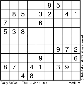 Printable Sudoku Puzzles Page on The Daily Sudoku  Thu 29 Jan 2009