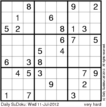 Printable Sudoku Puzzles Page on The Daily Sudoku  Wed 11 Jul 2012