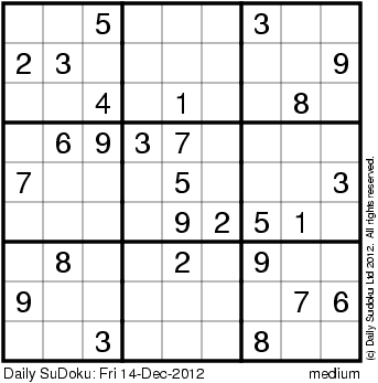 Sudoku Printable on The Daily Sudoku  Fri 14 Dec 2012